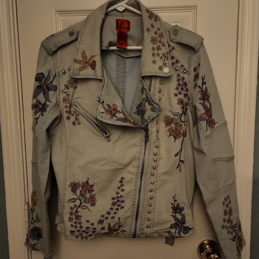 V CRISTINA Floral Embroidered studded Denim Jacket